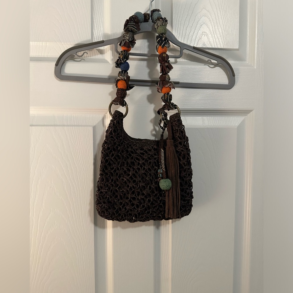 Chico's Brown Woven Shoulder Bag with Multicolor Beaded Strap